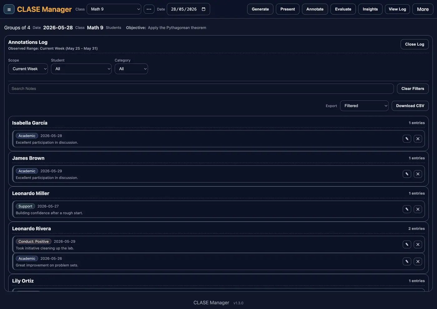 Notes log with filters and CSV export