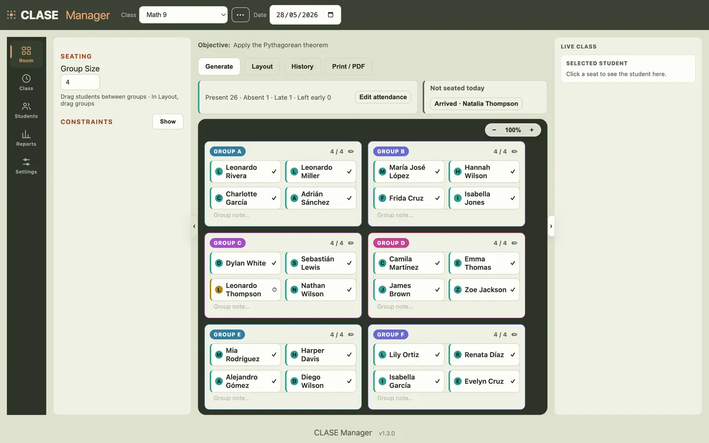 CLASE Manager in the Studio theme: deep olive board with paper cards