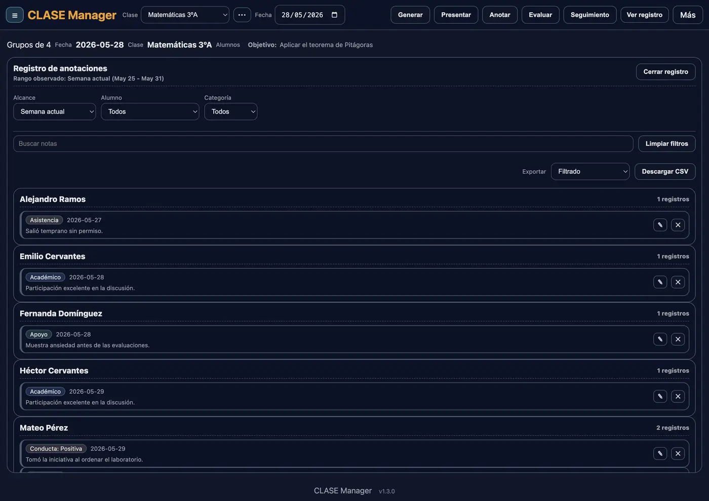Registro de anotaciones con filtros y exportación CSV