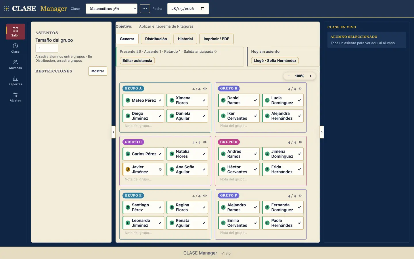 CLASE Manager con el tema Academia: marfil con navy y dorado